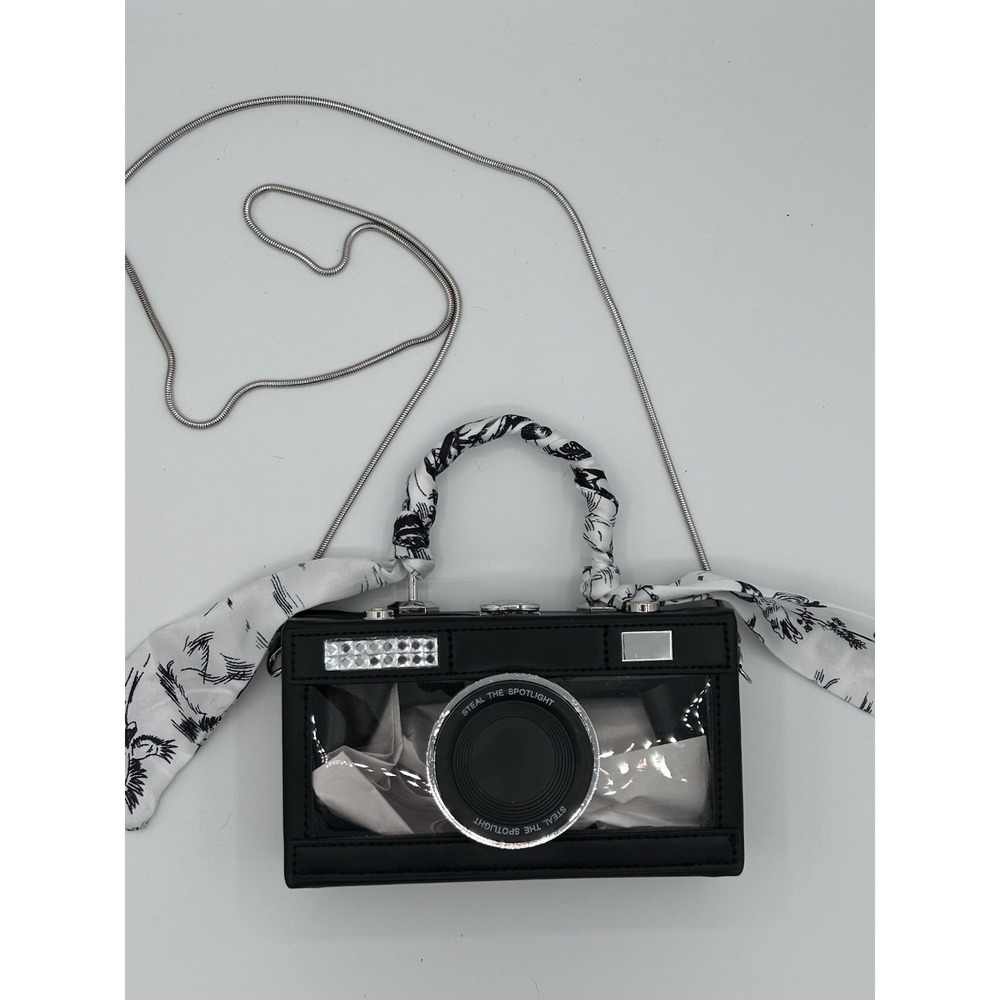French Inspired Camera Clear Front Purse Scarf Silver Bag Handle Chain Strap NEW